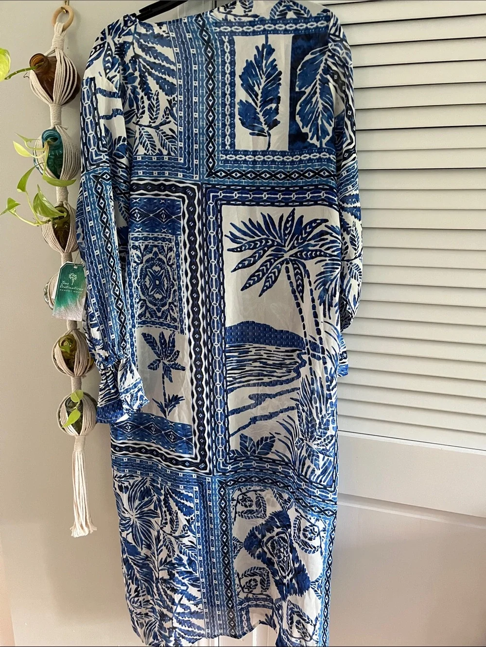 Blue & White Floral Wide-Leg Pants - Lightweight with Kimono Set